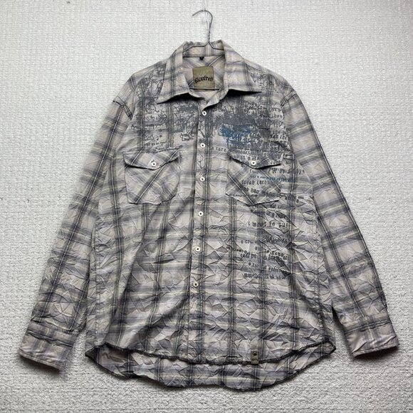 Y2K Manfred Plaid Button Up Shirt Goth Punk Doodle Script Graphic AOP Mens L - Picture 1 of 13